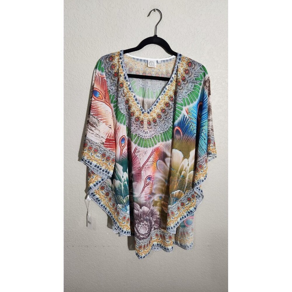 RR Poncho Womens One Size Peacock Feather Floral Boho Kaftan Top Tunic Festival